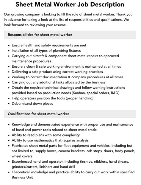 sheet metal fabrication job description|sheet metal worker requirements.